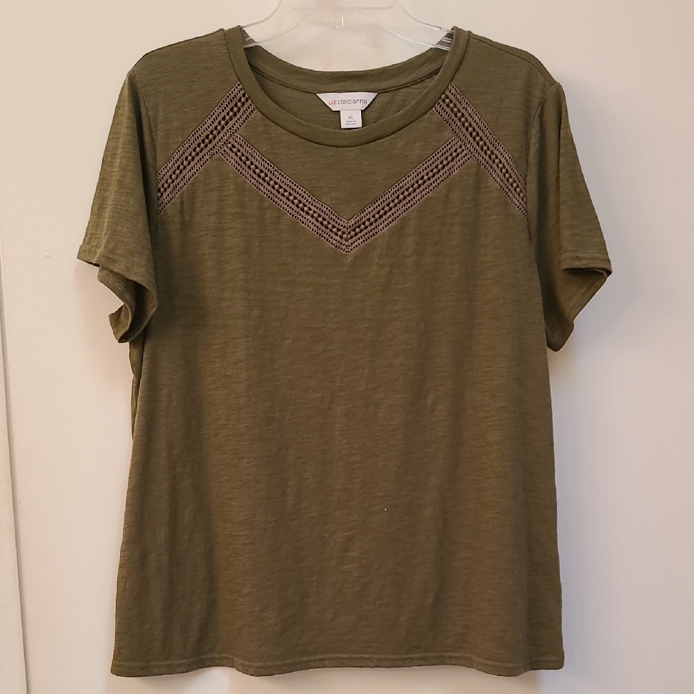 Liz Claiborne Olive Short Sleeve Top with Lace Detail
